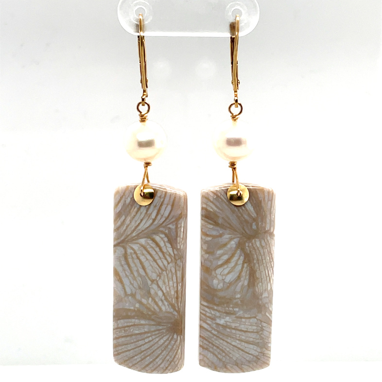 CATHY COOK GOLDFILL LEVER-BACK EARRINGS WITH ROUND WHITE PEARLS AND LONG RECTANGULAR CORAL FOSSIL DROPS